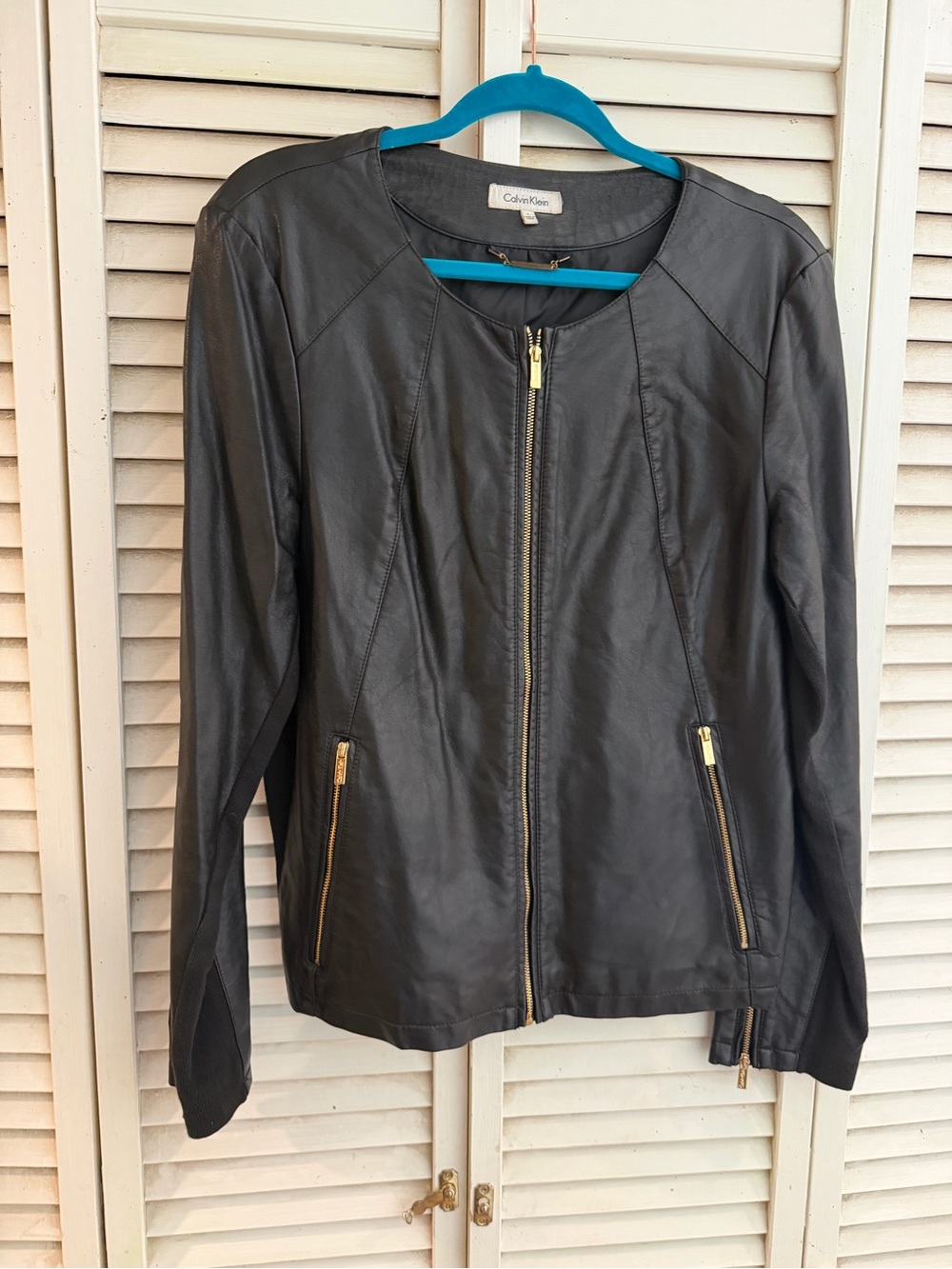 Calvin Klein Black Faux Leather Zip Jacket with Gold Hardware